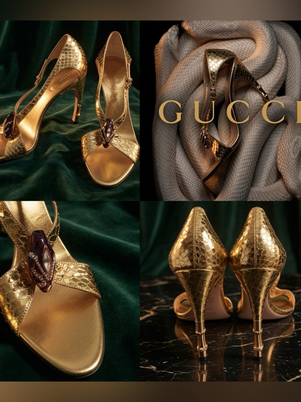 Gucci Tom Ford  Gold Metallic Snakeskin Slingback Heels bamboo heels sz. 36